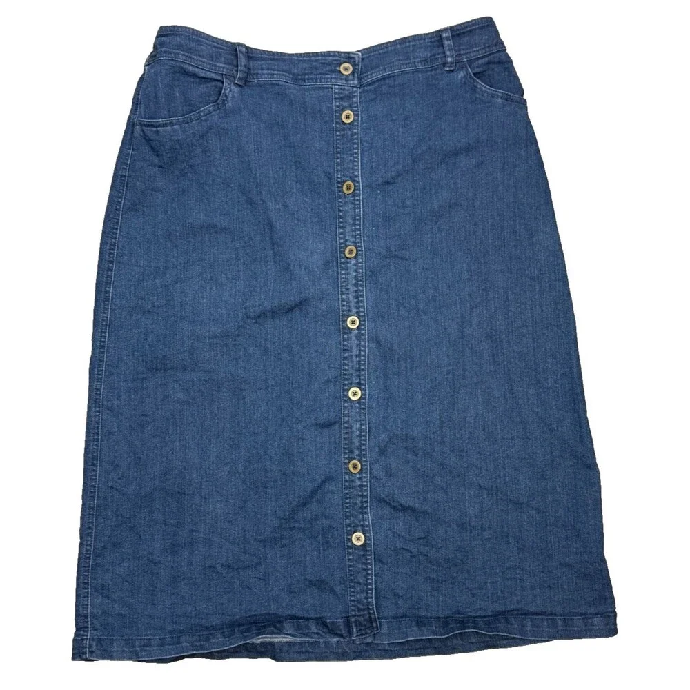 Laura Scott Denim Jean Y2K Midi Skirt 16 Button Up Pockets Elastic Waist Classic